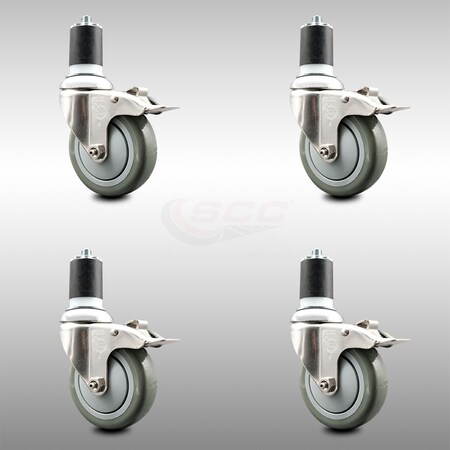 Service Caster 4 Inch 316SS Gray Poly Swivel 1-7/8 Inch Expanding Stem Caster Set Lock Brake SCC-SS316TTLEX20S414-PPUB-178-4